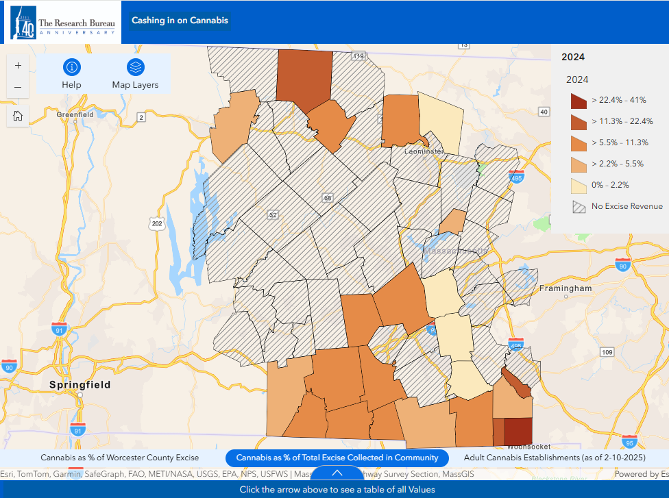 The image displays a map of Worcester County illustrating cannabis revenue as a % of Total Excise Tax collected in a community
