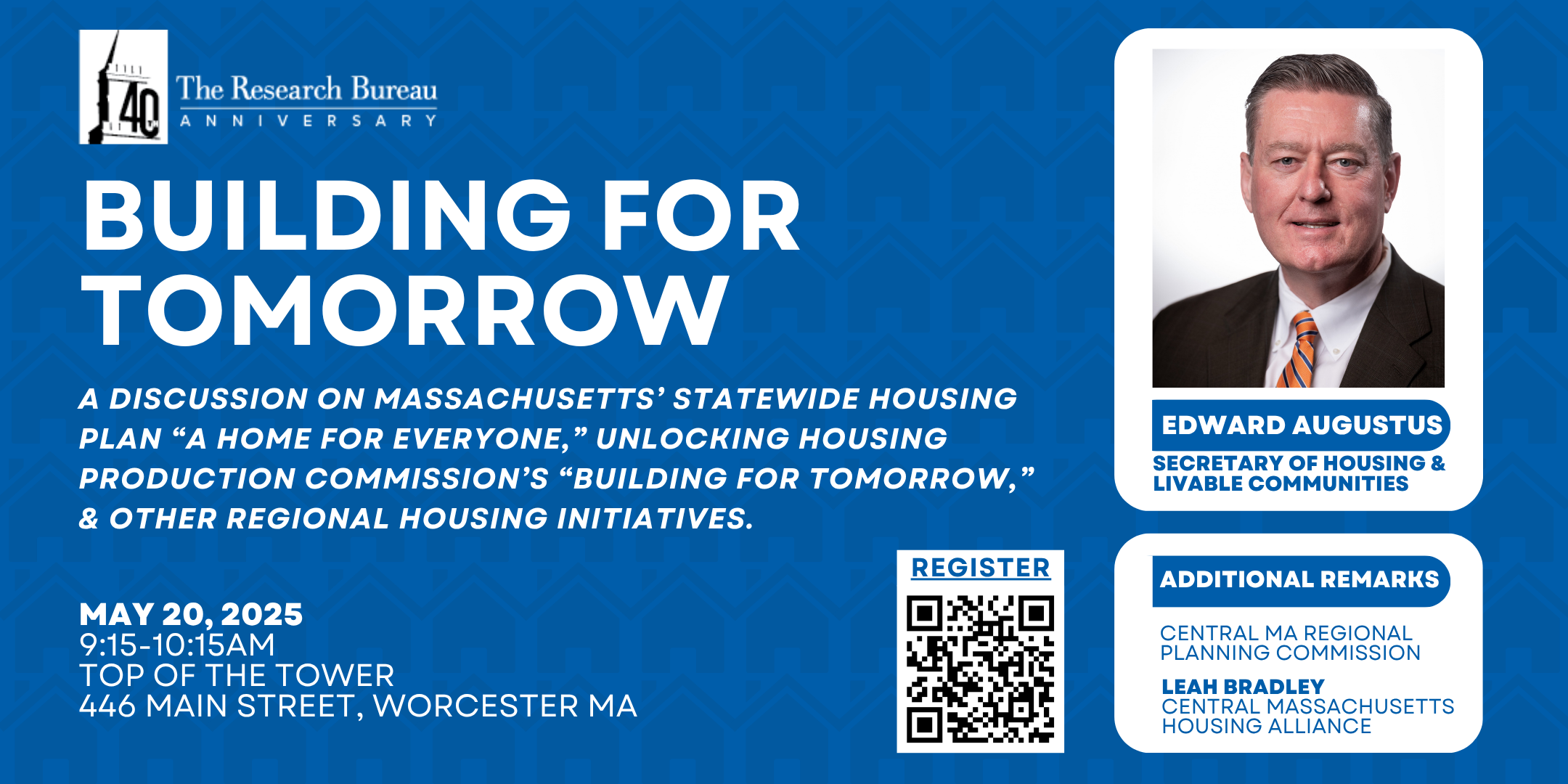 Building for Tomorrow will discuss the State's Housing Production Plan, the UPHC's recommendations, and other housing efforts in the region with Secretary Augustus, Leah Bradley of CMHA, and CMRPC.